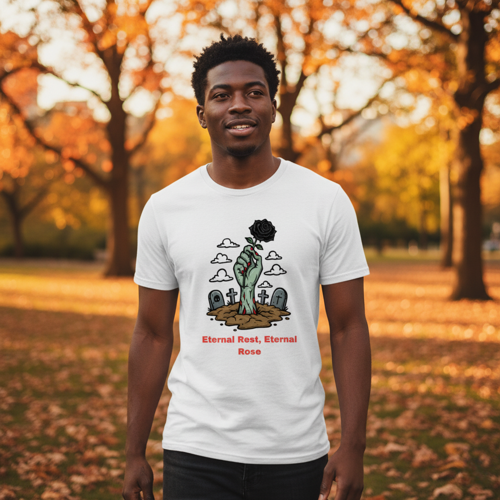 African-American-Wearing-White-Black-Rose-Tee-In-a-Park-During-Fall